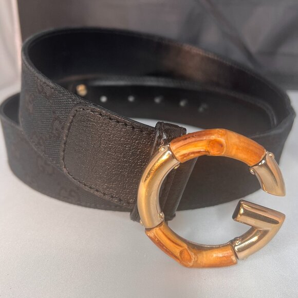 GUCCI Belt Canvas and Leather Bamboo G Buckle 37 inches black - Picture 1 of 7